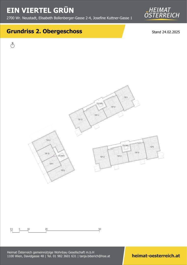 Grundriss des zweiten Obergeschosses mit mehreren Wohnungen und zugehörigen Balkonen.