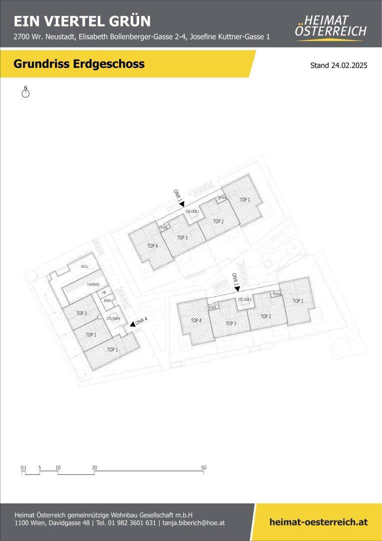 Grundriss des Erdgeschosses mit Wohneinheiten und direktem Zugang zu Terrassen oder Gärten.
