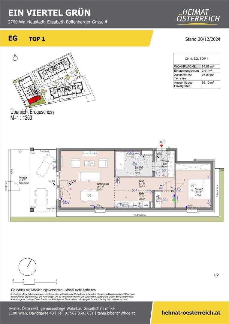 Grundriss der Erdgeschosswohnung Top 1 mit offenem Wohnbereich, Terrasse und privatem Garten.