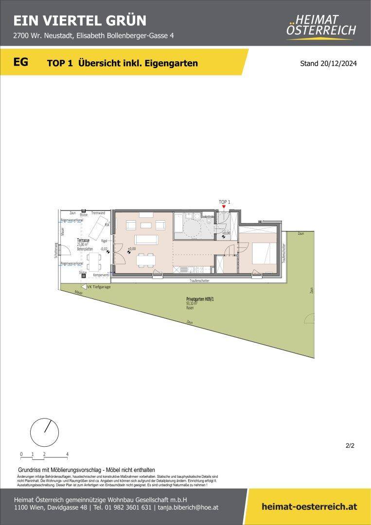 Detaillierter Grundriss der Erdgeschosswohnung Top 1 mit großem privaten Gartenbereich.
