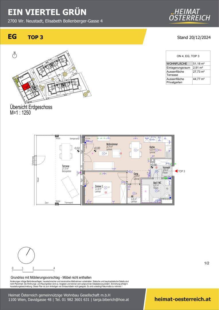 Grundriss der Erdgeschosswohnung TOP 3 mit Terrasse, Garten und offenem Wohnbereich.