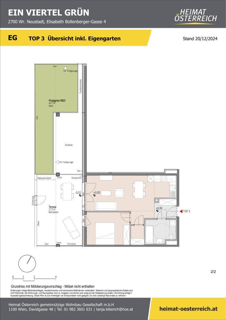 Detaillierter Grundriss der Erdgeschosswohnung TOP 3 mit großem privaten Garten und Terrasse.