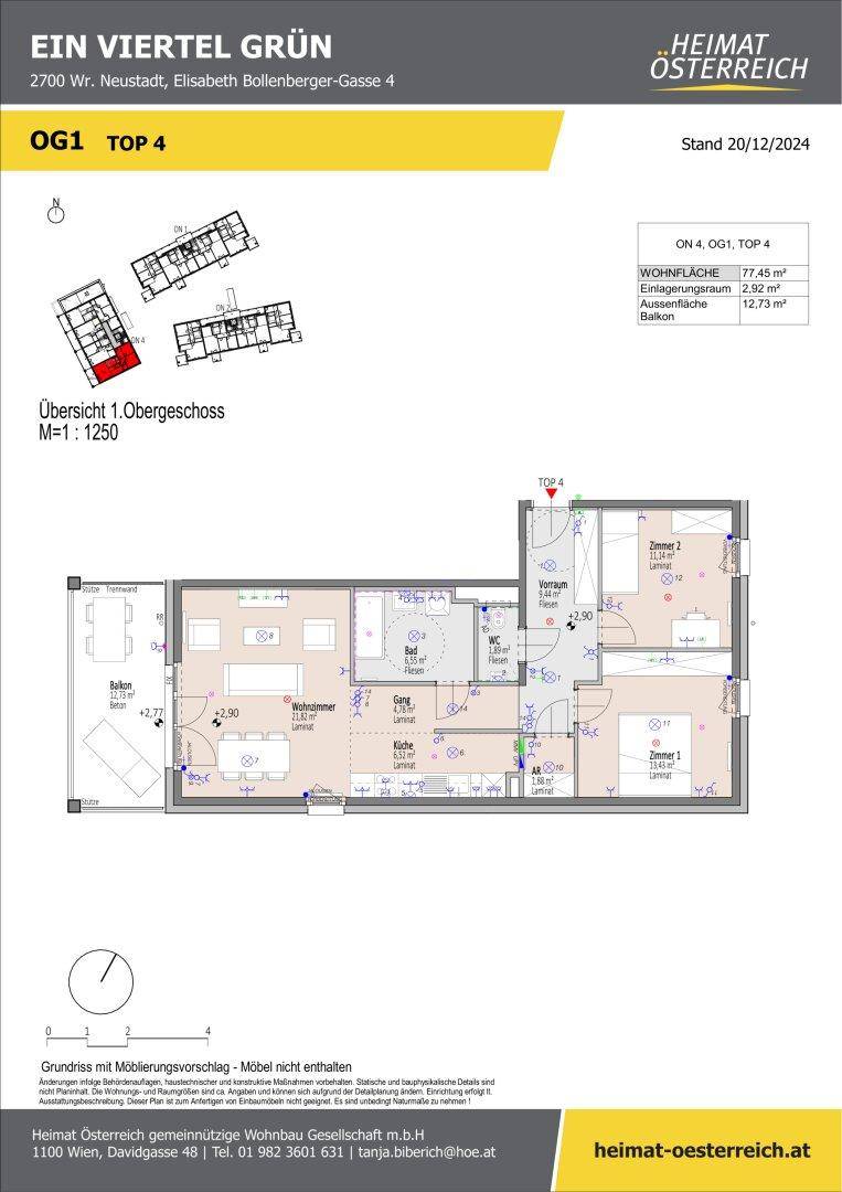 Grundriss der Wohnung TOP 4 im ersten Obergeschoss mit offenem Wohnbereich und Balkon.