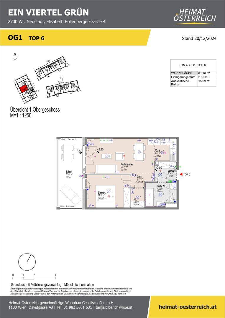 Grundriss der Wohnung Top 6 im ersten Obergeschoss mit Wohnzimmer, Schlafzimmer, Küche und Balkon.