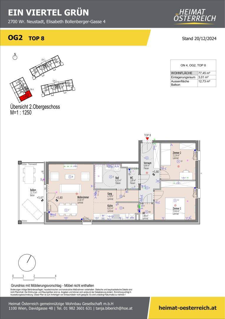 Grundriss der Wohnung Top 8 im zweiten Obergeschoss mit offenem Wohnbereich und Balkon.