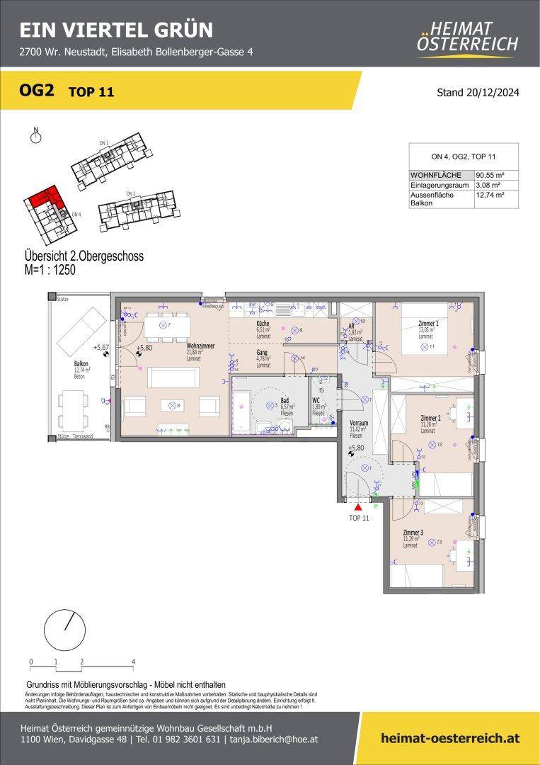 Detaillierter Grundriss einer Wohnung im zweiten Obergeschoss mit drei Zimmern, Balkon und offener Küche.