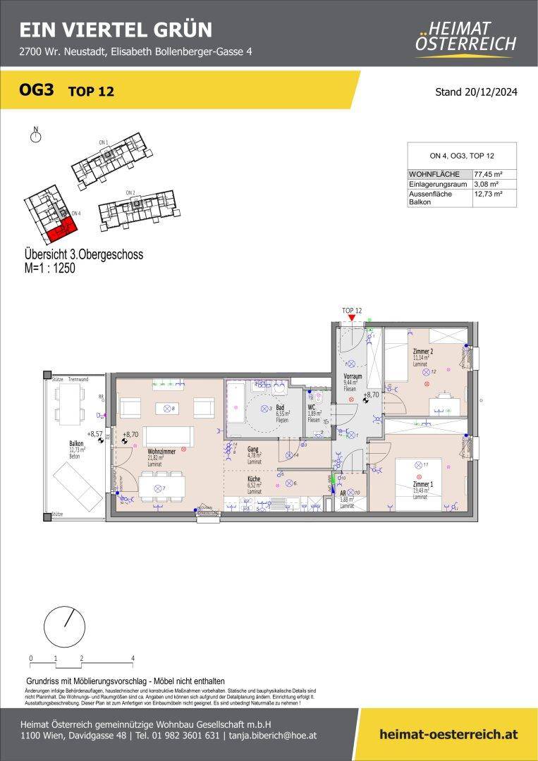 Grundriss der Wohnung TOP 12 im 3. Obergeschoss mit Wohnzimmer, Küche, Schlafzimmern und Balkon.