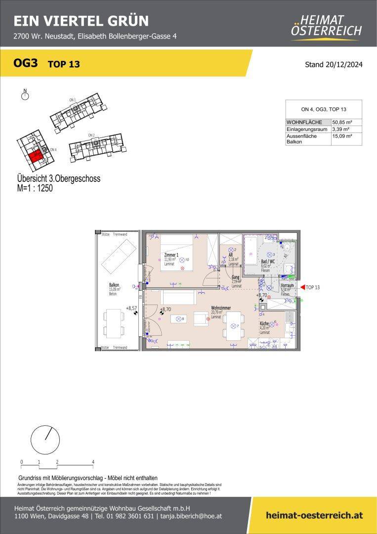 Detaillierter Grundriss der Wohnung TOP 13 mit einem Schlafzimmer, Wohnzimmer und Balkon.