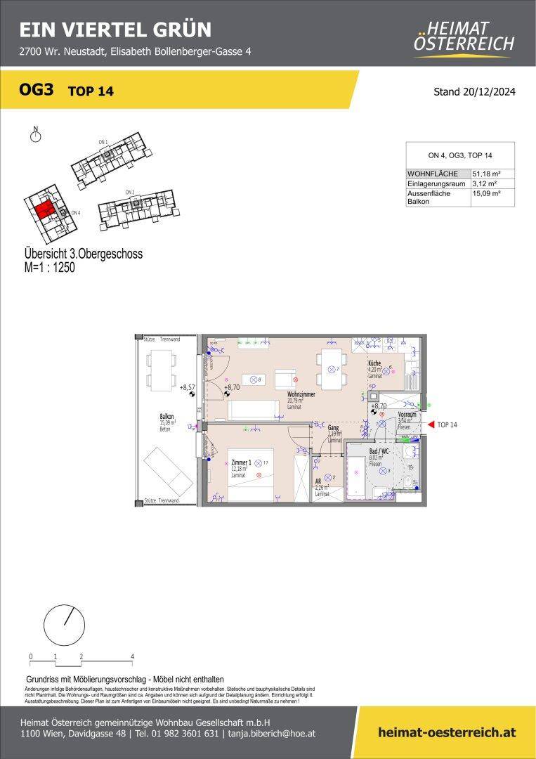 Grundriss der Wohnung TOP 14 im 3. Obergeschoss mit Wohnzimmer, Schlafzimmer, Bad und Balkon.