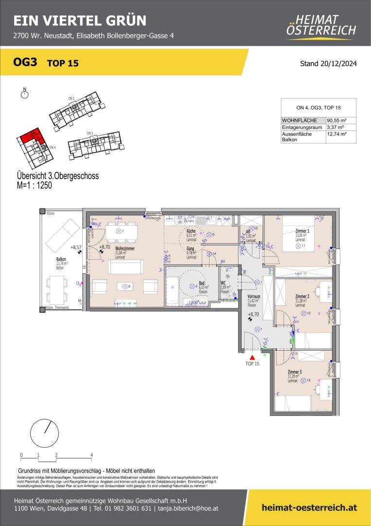Grundriss der Wohnung TOP 15 im dritten Obergeschoss mit drei Schlafzimmern und Balkon.
