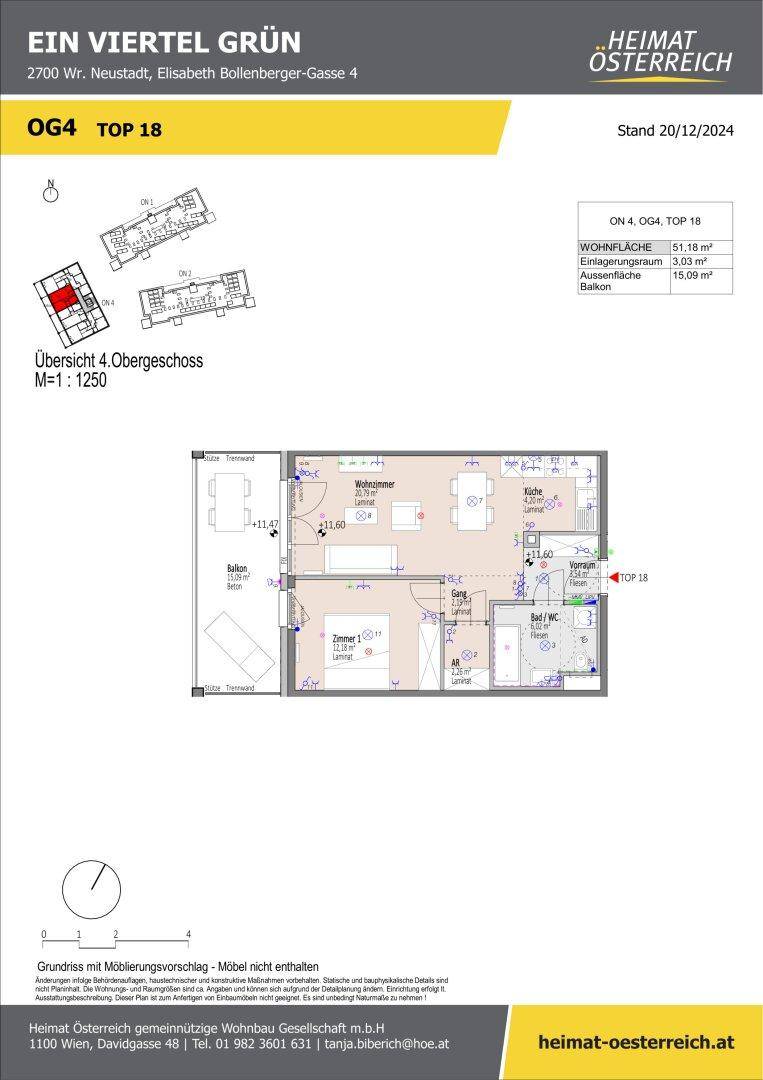 Detaillierter Grundriss einer Wohnung im 4. Obergeschoss mit Balkon und offener Raumaufteilung.