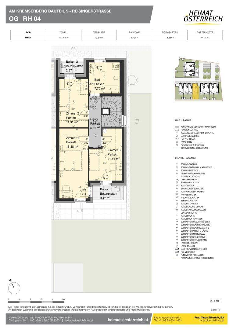 Grundriss des Obergeschosses mit drei Schlafzimmern, einem Badezimmer und zwei Balkonen.