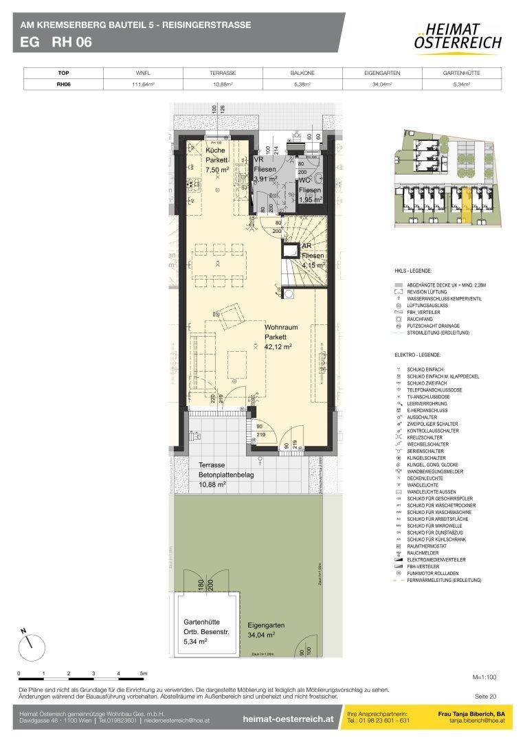 Grundriss des Erdgeschosses mit Wohnraum, Küche, Terrasse und Gartenbereich.