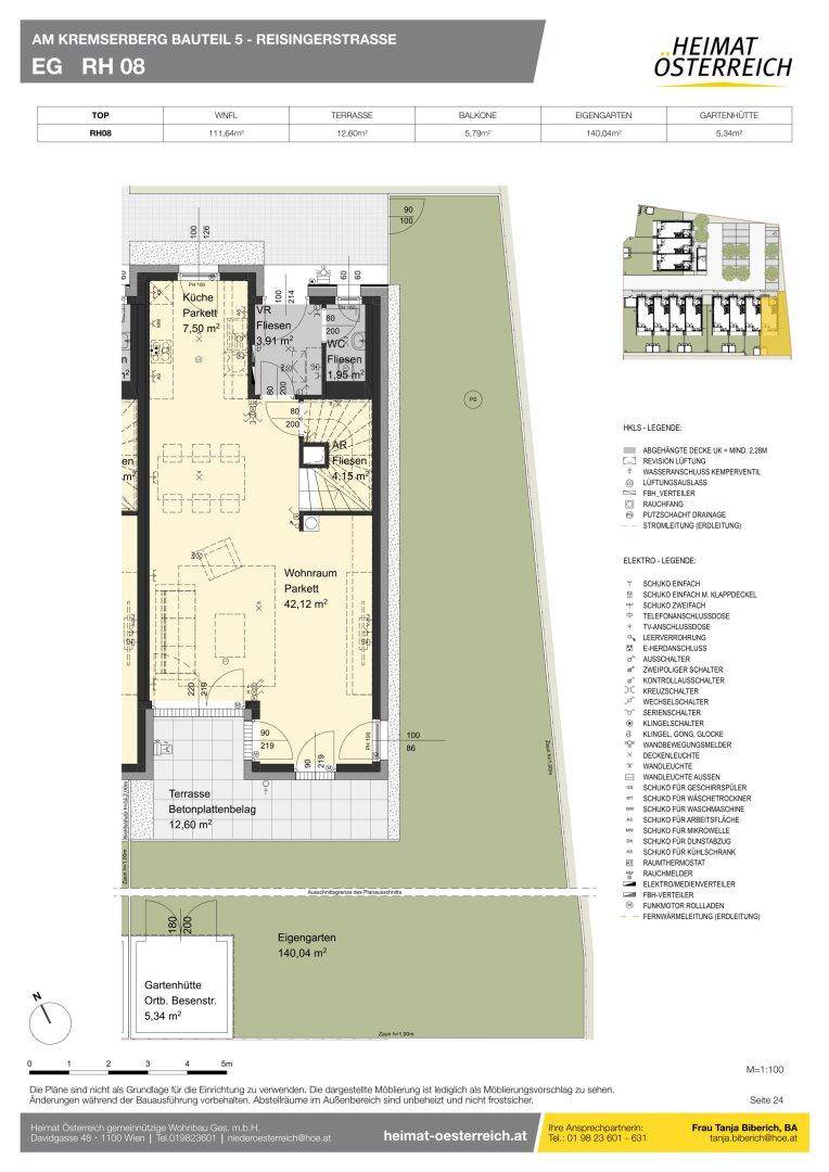 Grundriss des Erdgeschosses mit offener Küche, Wohnbereich, Terrasse und privatem Garten.