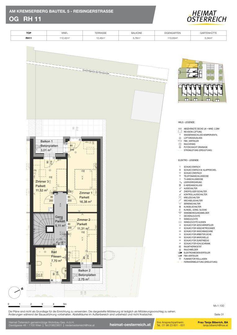 Grundriss des Obergeschosses mit drei Schlafzimmern, Bad, separatem WC und zwei Balkonen.