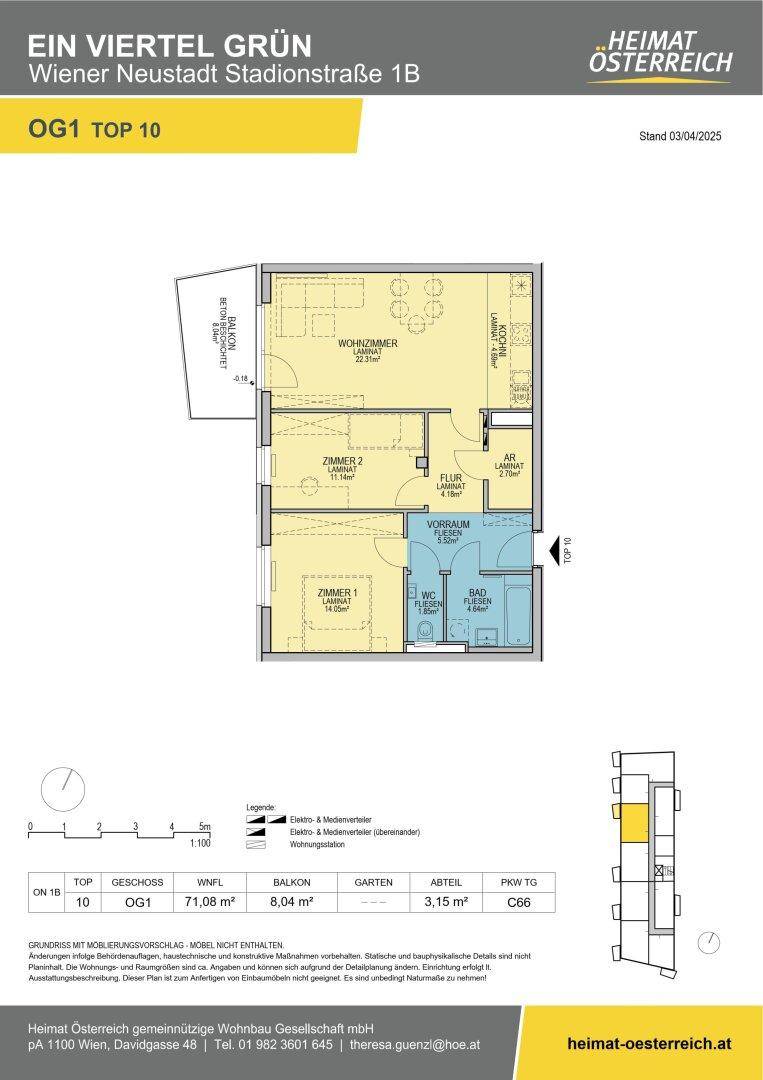 Grundriss der Wohnung OG1 Top 10 mit Balkon und drei Zimmern.