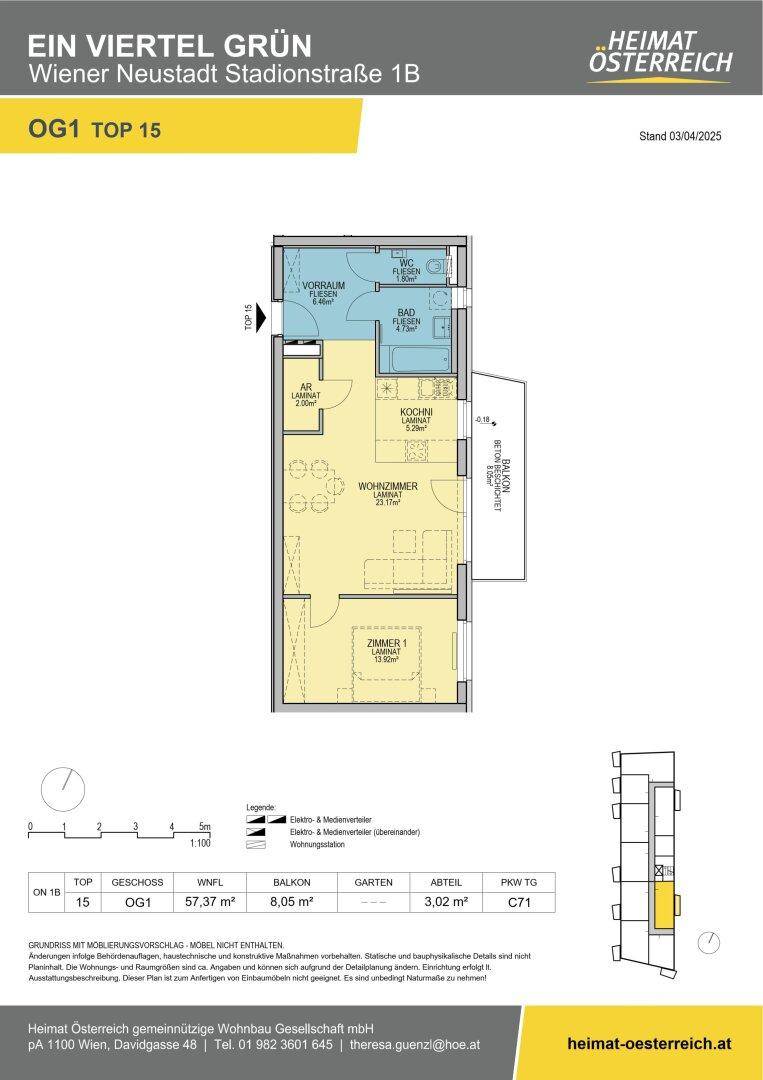 Grundriss einer Wohnung mit Balkon, einem Schlafzimmer und offenem Wohnbereich.
