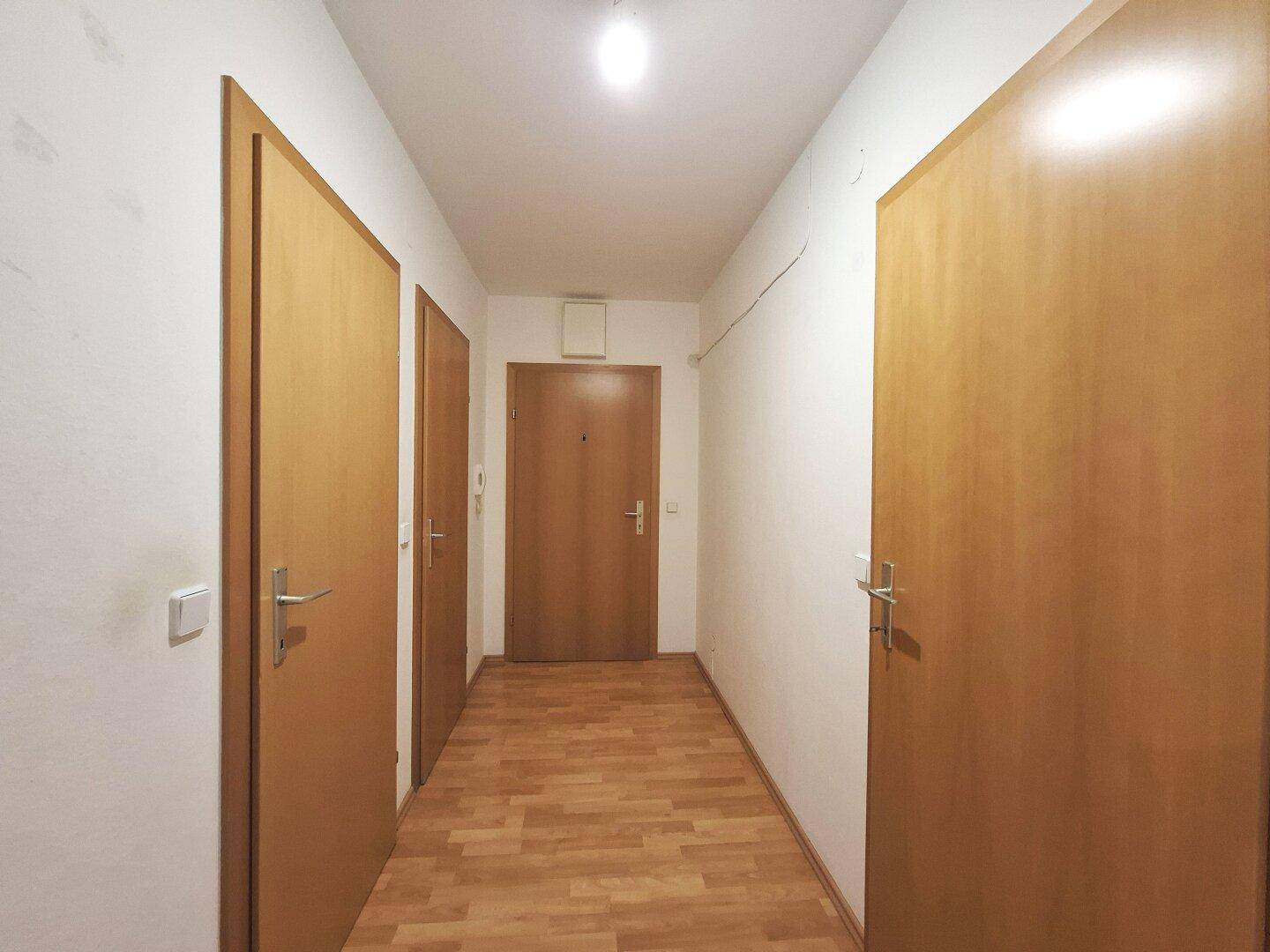 Eingangsbereich mit Laminatboden und mehreren Türen, die den Zugang zu den Zimmern ermöglichen.