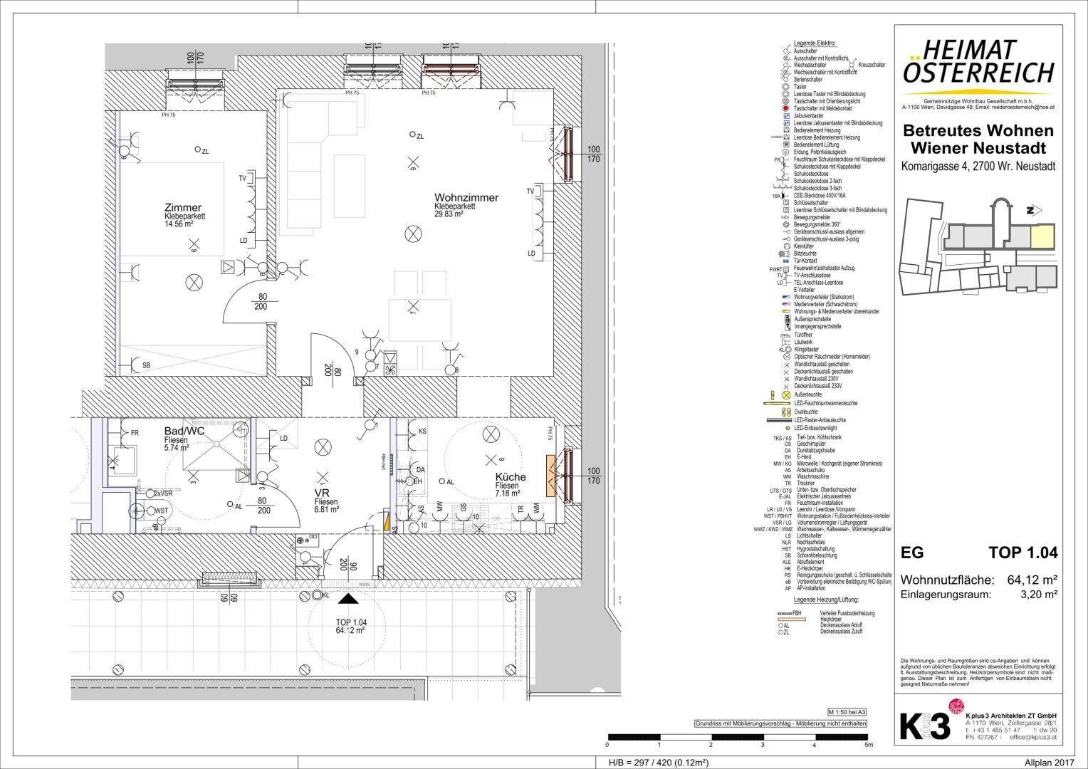 Detaillierter Grundriss einer Wohnung mit Wohnzimmer, Schlafzimmer, Küche und Balkon.