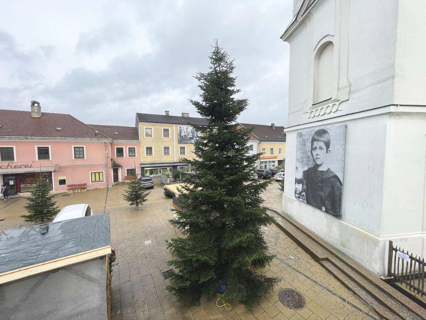Blick auf einen belebten Stadtplatz mit einem großen Weihnachtsbaum, umgeben von historischen Gebäuden unter bewölktem Himmel.