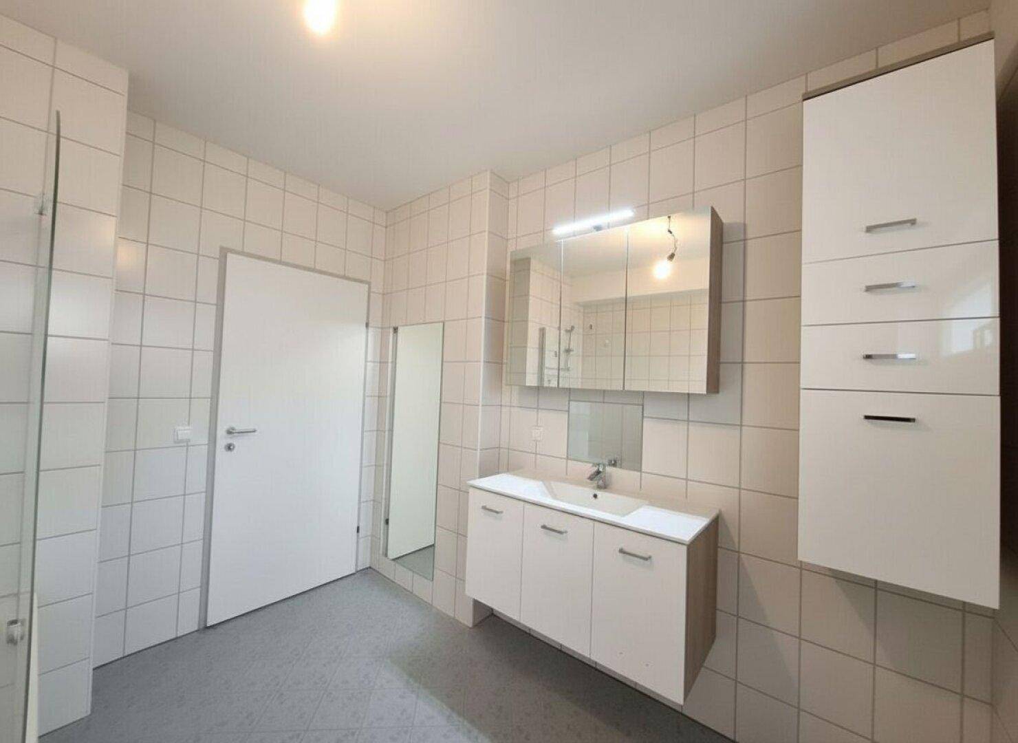 Modernes Badezimmer mit Waschtisch, Spiegelschrank und zusätzlichem Stauraum.