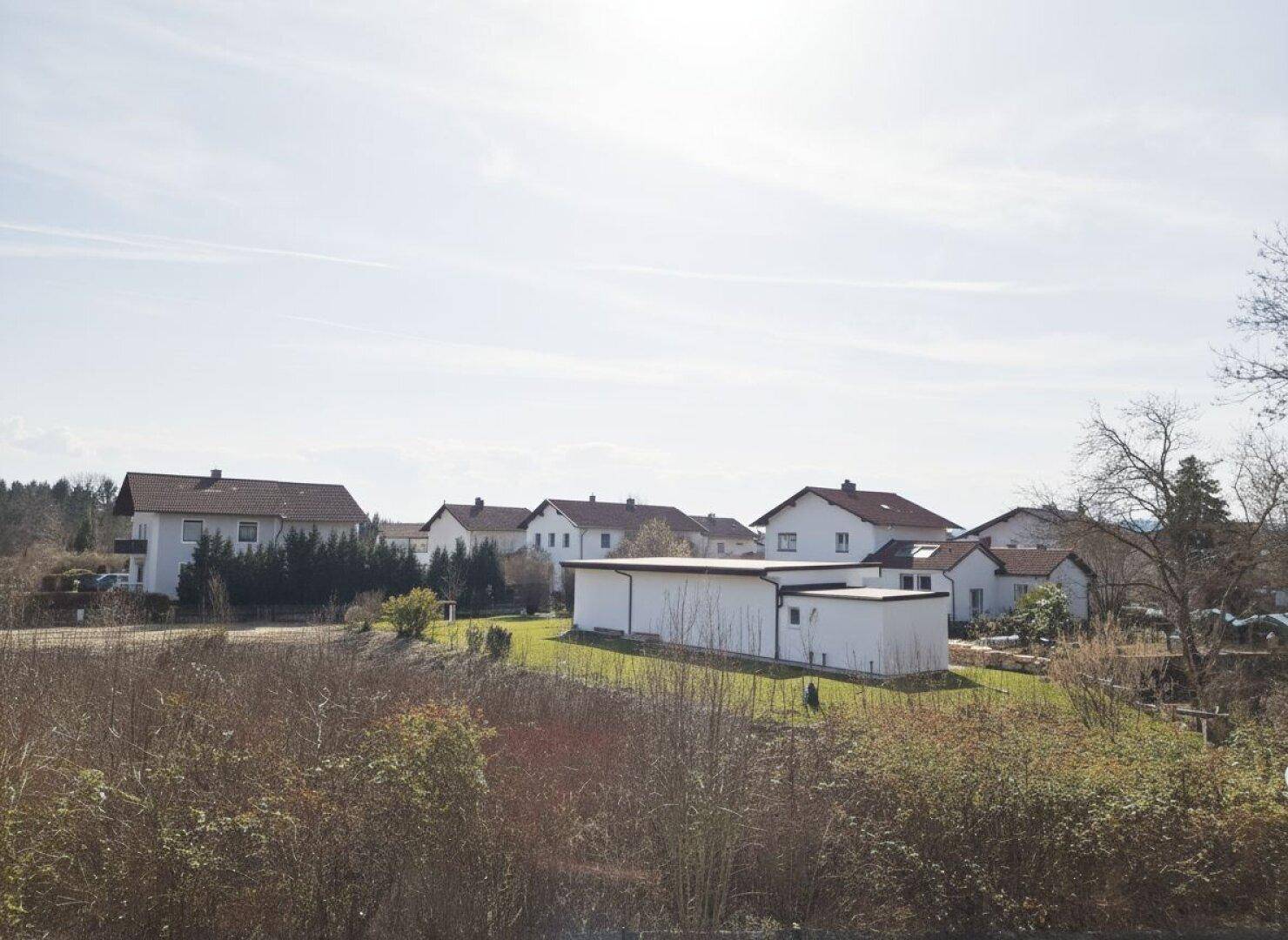 Blick auf eine ruhige Wohnsiedlung mit Einfamilienhäusern und grünen Gärten unter hellem Himmel.