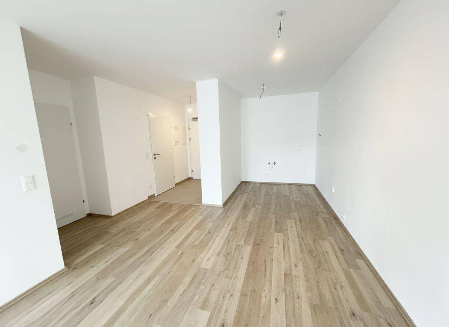 Heller, unmöblierter Wohnbereich mit Laminatboden und offenem Übergang zum Flur.