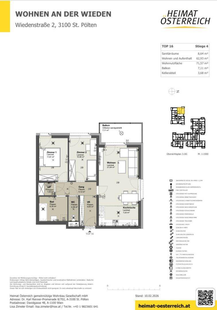 Grundriss einer Wohnung mit zwei Schlafzimmern, offenem Wohnbereich und Balkon.