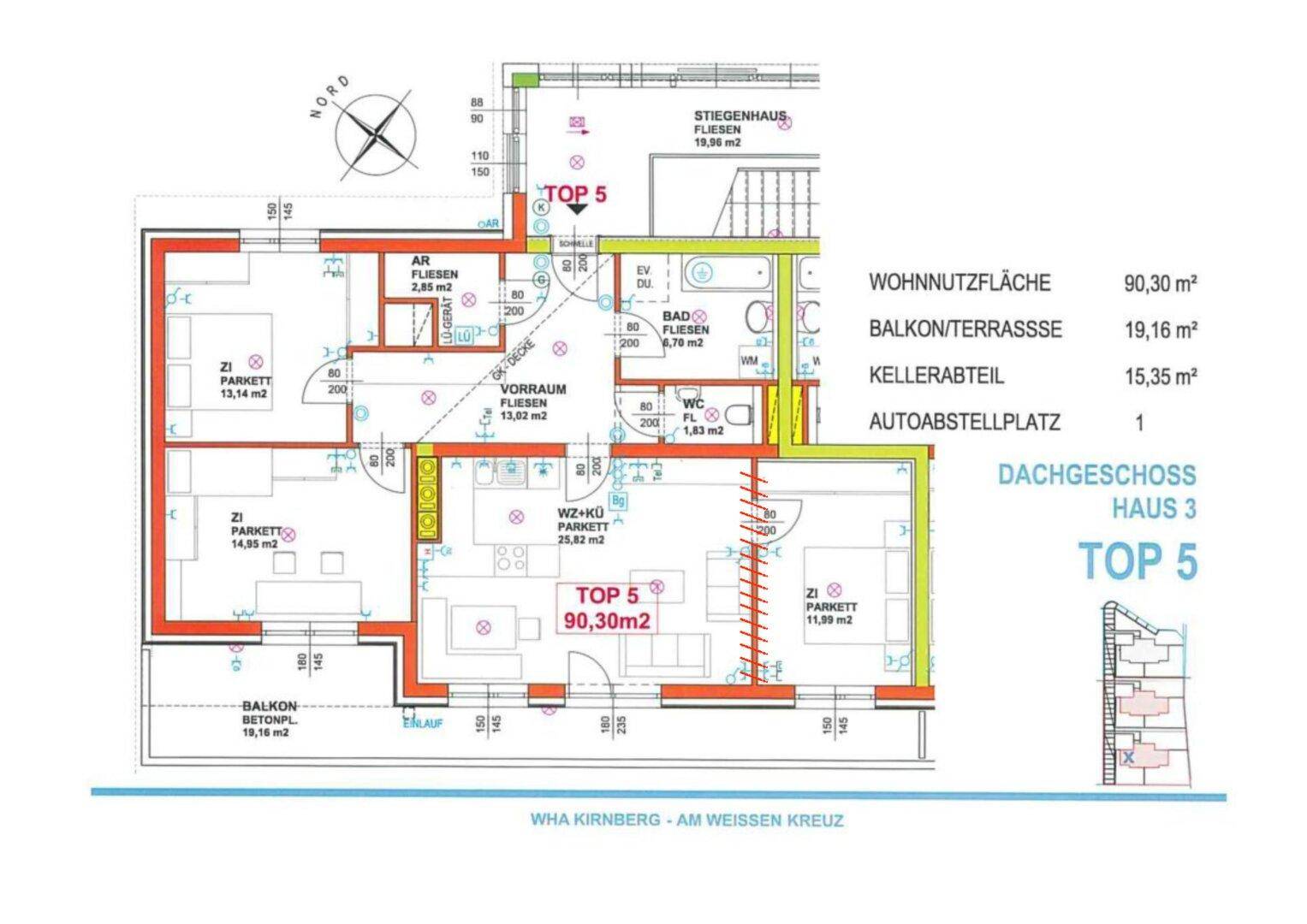 Grundrissplan einer Dachgeschosswohnung mit offenem Wohnbereich, Balkon und separatem WC.