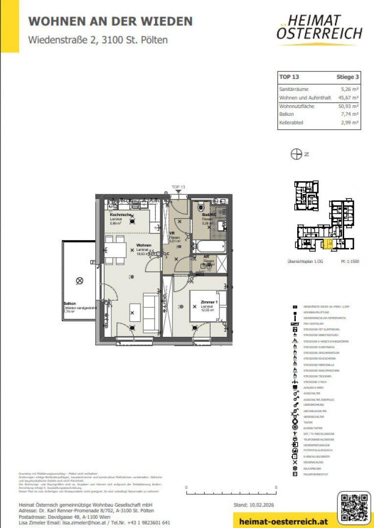 Grundriss der Wohnung TOP 13 mit Wohn-Essbereich, Schlafzimmer, Bad und Balkon.