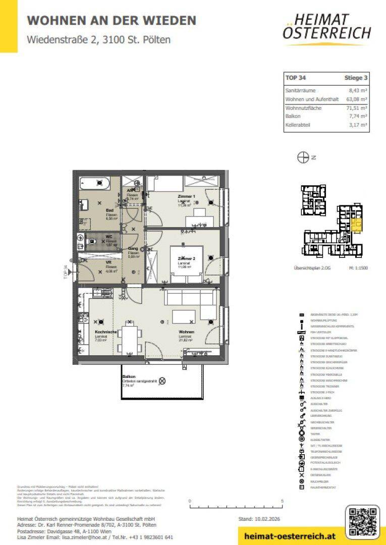 Detaillierter Grundriss einer Wohnung mit drei Zimmern, Bad, WC und Balkon.