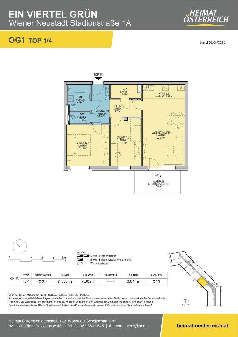 Grundriss einer Wohnung mit Wohnzimmer, zwei Schlafzimmern, Bad, WC und Balkon.