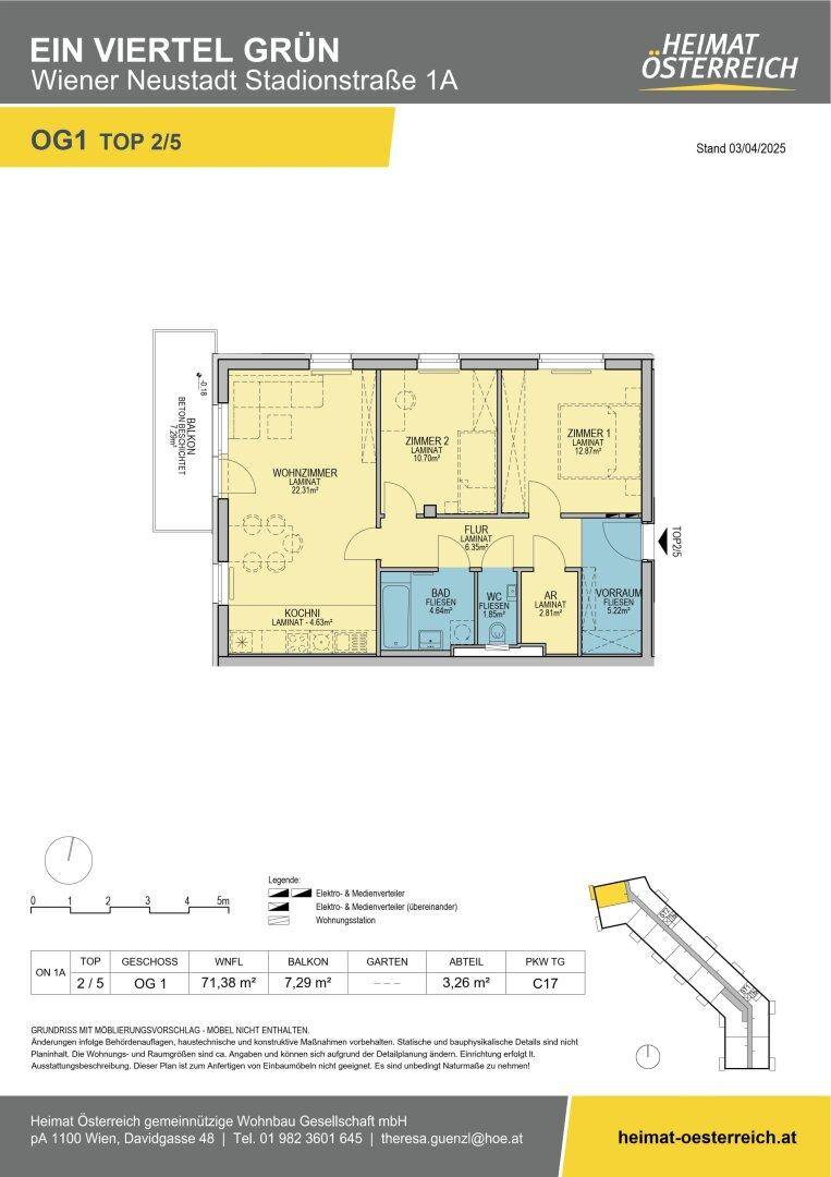 Grundriss der Wohnung OG1 Top 2/5 mit drei Zimmern und Balkon.