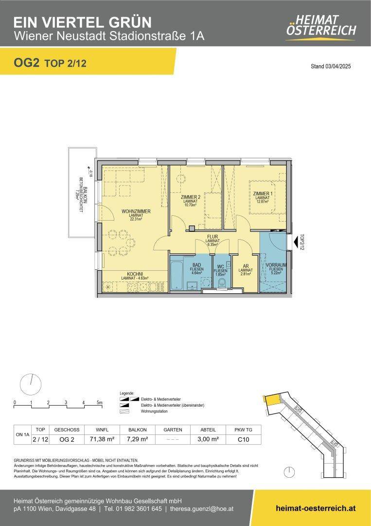 Grundriss der Wohnung OG2 TOP 2/12 mit Wohnzimmer, Küche, Schlafzimmern und Balkon.