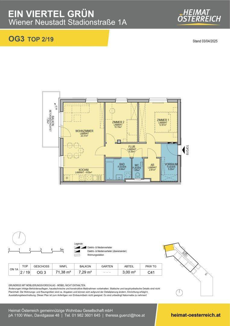 Grundrissplan einer Wohnung mit drei Zimmern, Balkon und separatem WC.