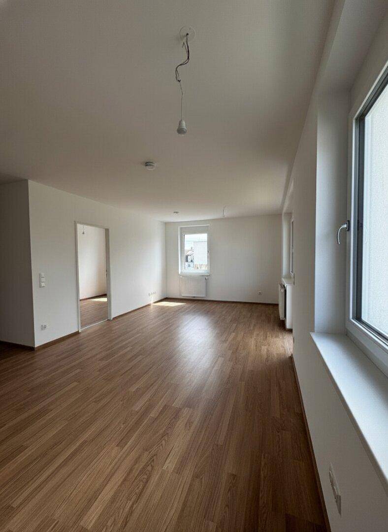 Weitläufiger Wohnbereich mit Laminatboden und viel Tageslicht durch mehrere Fenster.