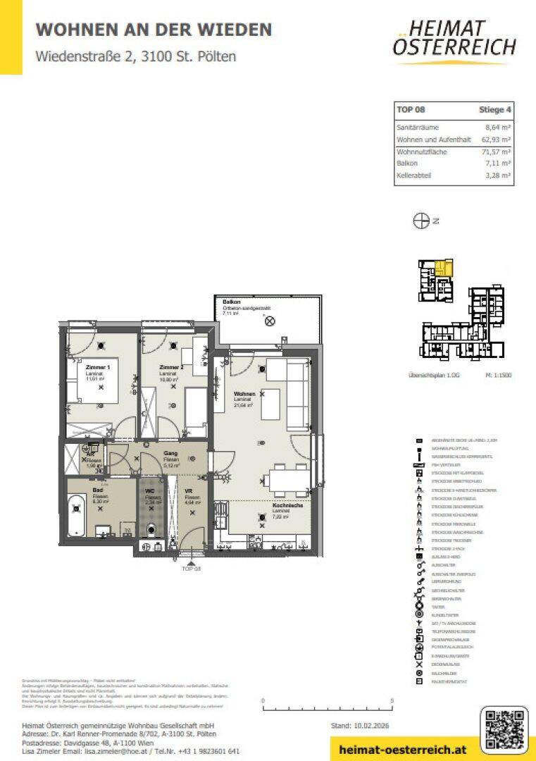 Detaillierter Grundriss einer Wohnung mit Balkon und separatem WC.
