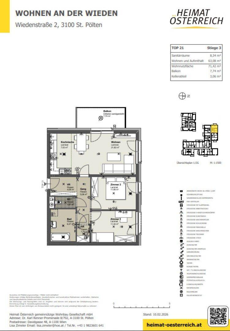 Grundriss der Wohnung TOP 21 mit drei Zimmern, Balkon und Kellerabteil.