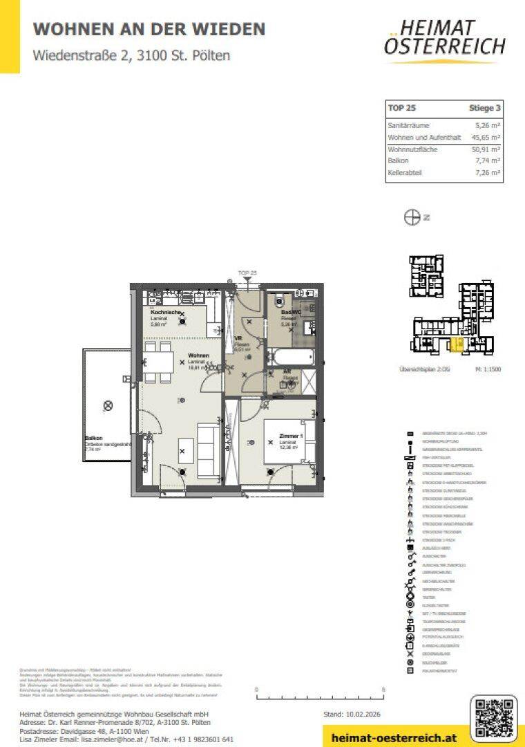 Detaillierter Grundriss einer Wohnung mit Wohn-, Schlafzimmer und Balkon, inklusive Flächenangaben.
