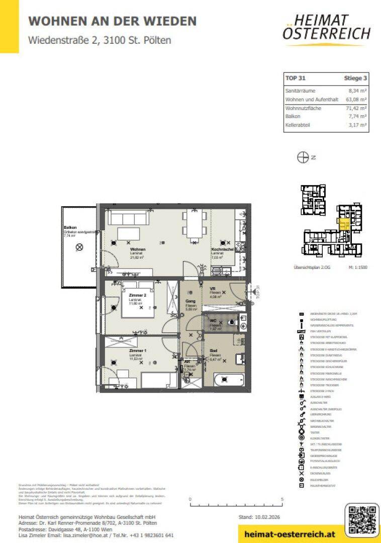 Detaillierter Grundriss einer Wohnung mit drei Zimmern, Balkon und separatem WC.