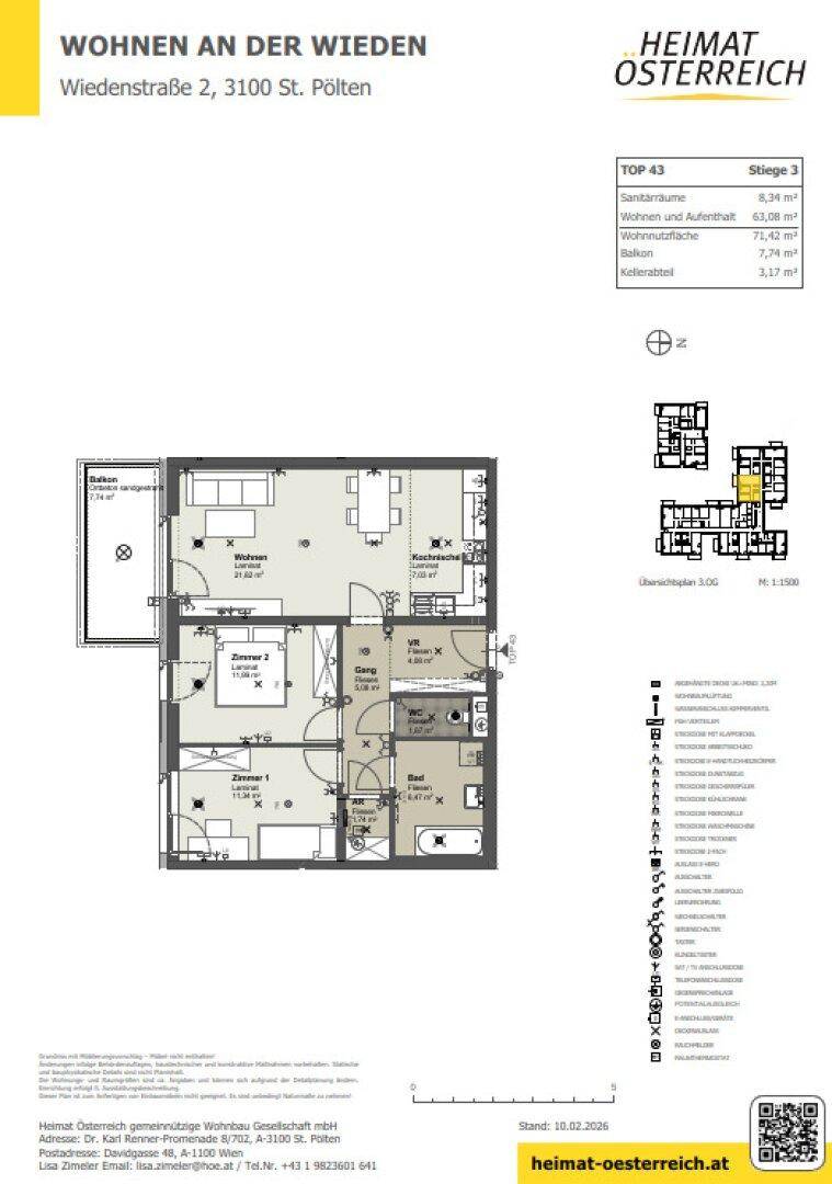 Detaillierter Grundriss einer Wohnung mit drei Zimmern, offenem Wohnbereich, Balkon und Kellerabteil.