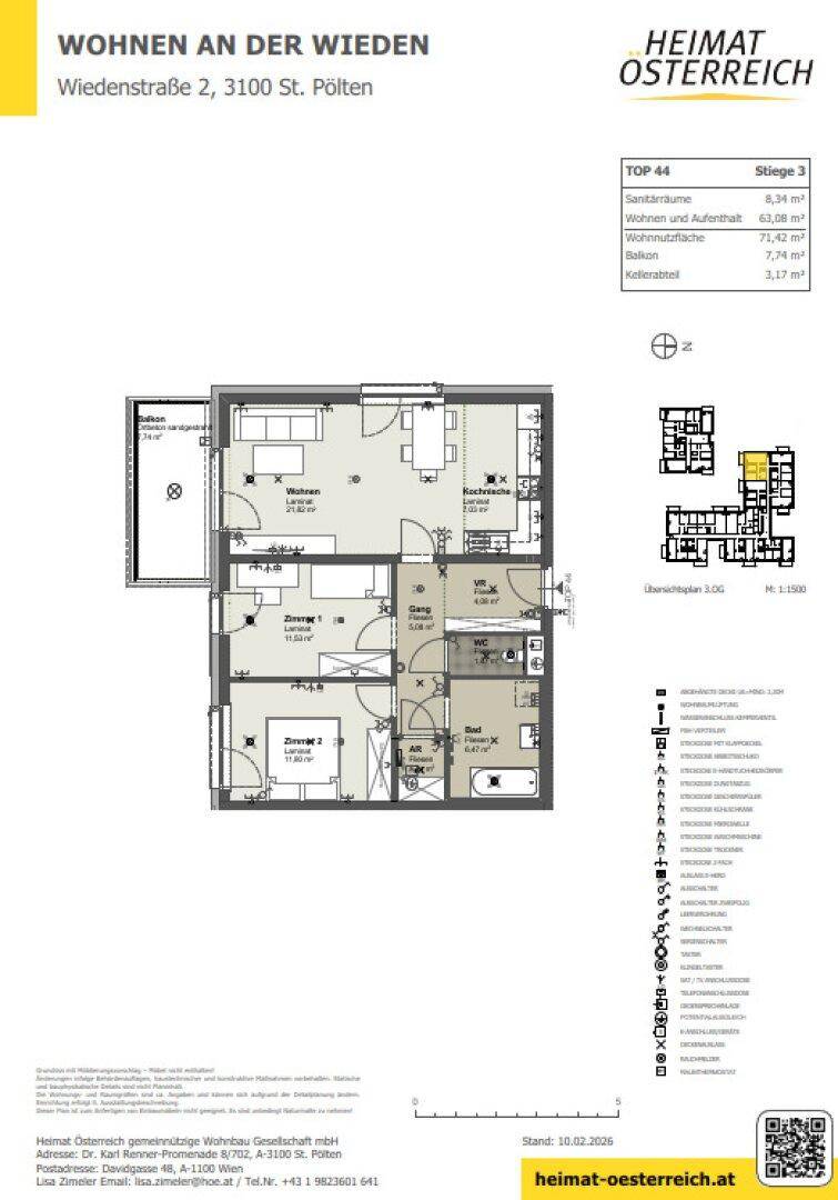 Grundriss einer Wohnung mit drei Zimmern, Balkon und separatem WC.