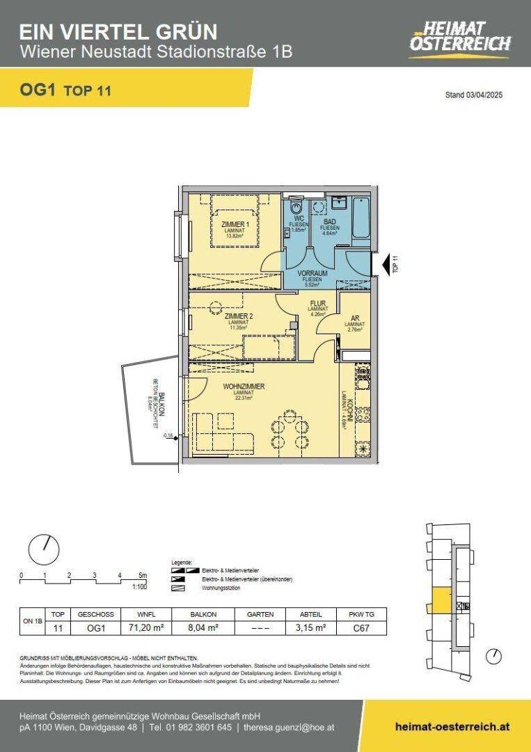 Grundriss einer Wohnung im ersten Obergeschoss mit Balkon und zwei Schlafzimmern.