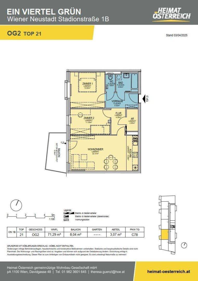 Grundriss der Wohnung Top 21 im zweiten Obergeschoss mit Balkon und drei Zimmern.