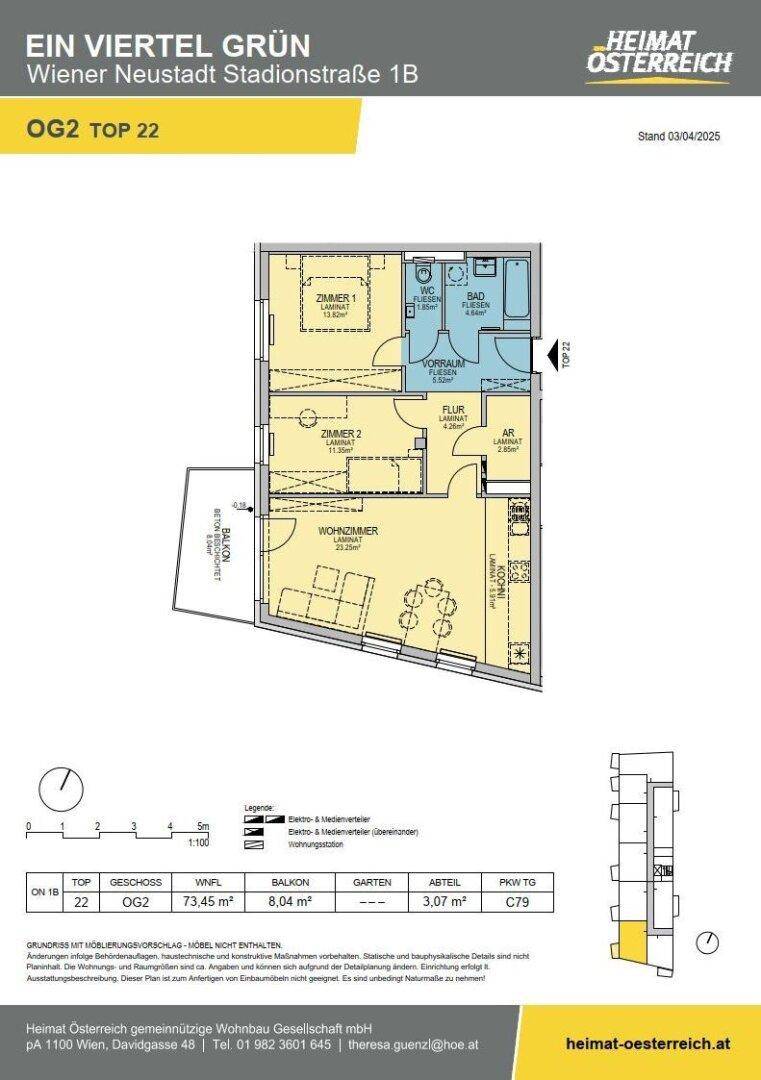 Grundriss einer Wohnung im zweiten Obergeschoss mit zwei Zimmern, Balkon und Bad.
