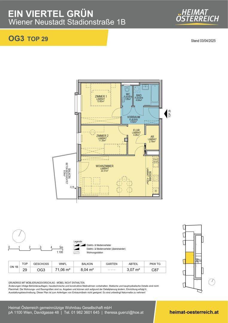 Grundriss einer Wohnung im Obergeschoss mit drei Zimmern, Balkon und Abstellraum.