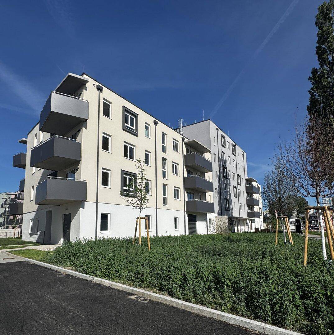 Modernes Mehrfamilienhaus mit Balkonen und gepflegter Grünfläche unter blauem Himmel.