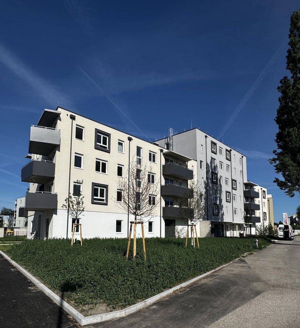 Modernes Mehrfamilienhaus mit Balkonen und gepflegter Grünfläche unter blauem Himmel.