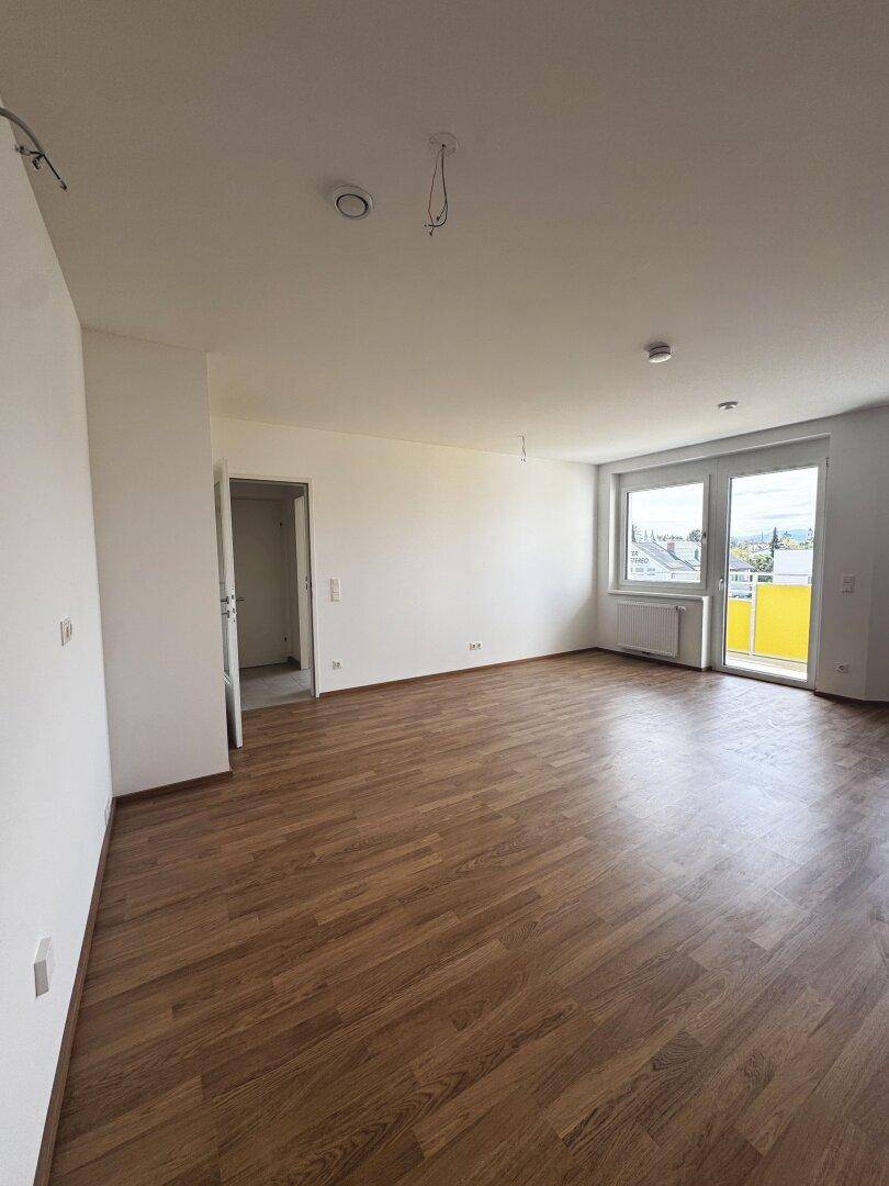 Offener Wohnbereich mit Laminatboden, weißen Wänden und Zugang zu weiteren Räumen.