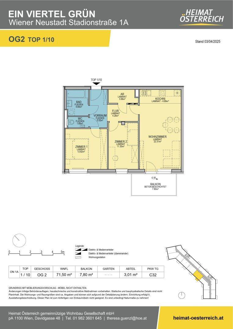 Grundriss einer Wohnung mit zwei Schlafzimmern, offenem Wohnbereich und Balkon.